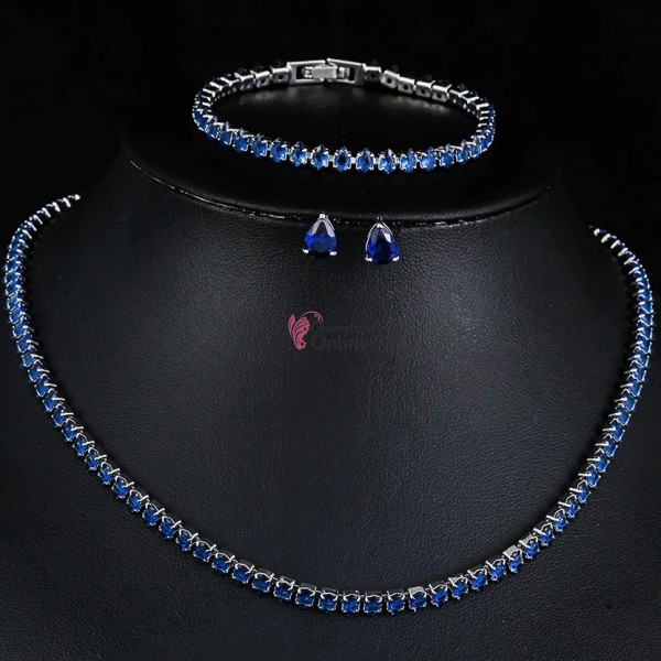 Colier cu cercei AS02PP Argintiu cu pietre din zircon Blue + Bratara